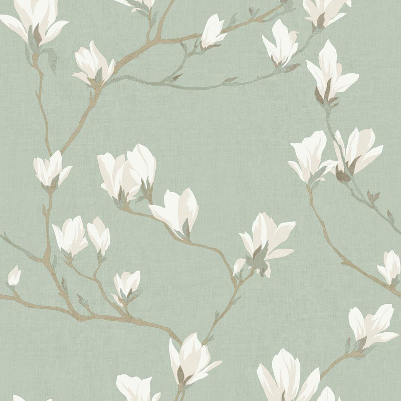 Laura Ashley Magnolia Grove wallpaper with white magnolia flowers on soft eau de nil green background