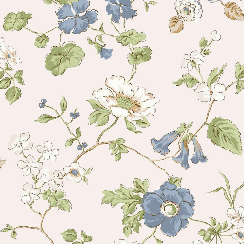 Laura Ashley Pennywell Grove wallpaper with blue and cream florals on a soft chalk-toned background