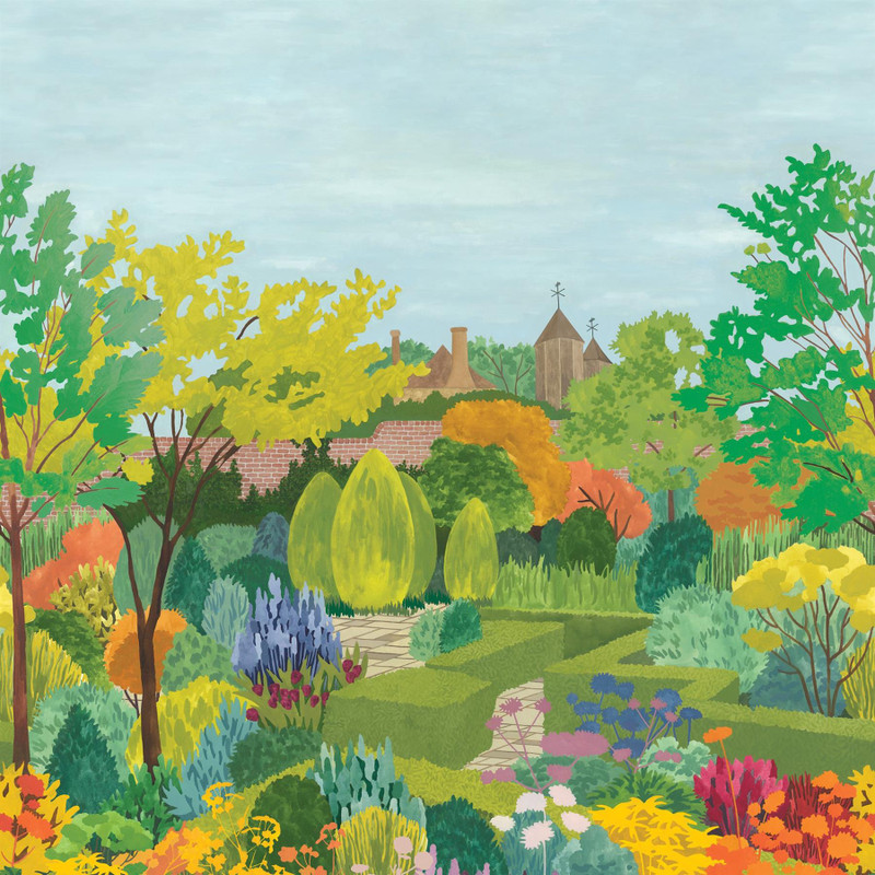 Castle Garden scenic mural wallpaper by Little Greene in Pale Lime, cropped design detail showing garden planting and landscape
