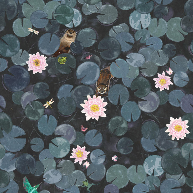 Square cropped swatch of Little Greene Lily Pads wallpaper mural in Hicks’ Blue, showing layered blue-green lily pads with pale pink water lilies