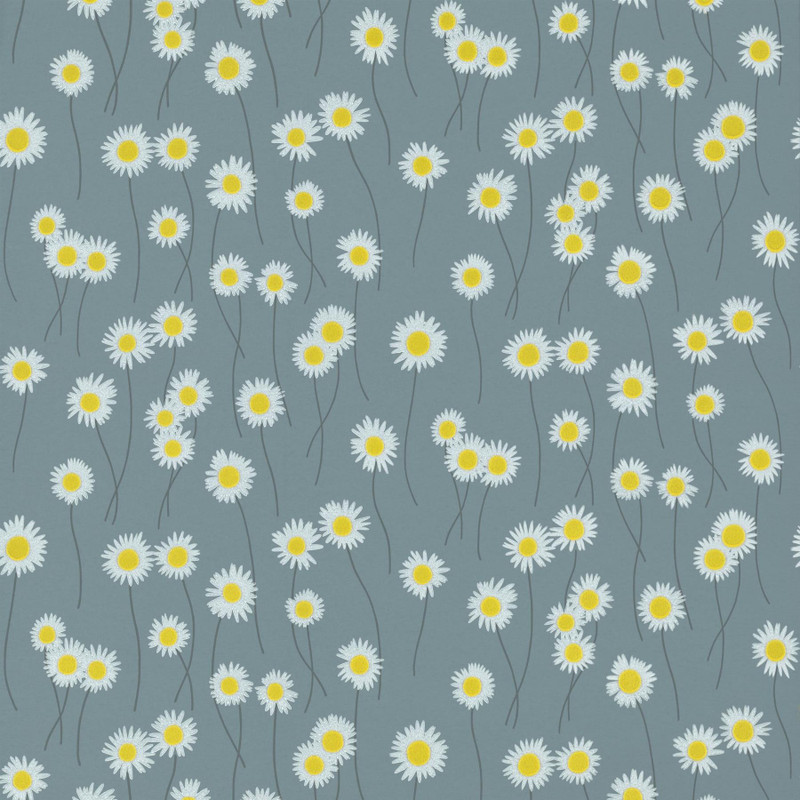 Swatch image of Little Greene Moon Daisies wallpaper in Etruria, showing white daisies with yellow centres on a muted green background