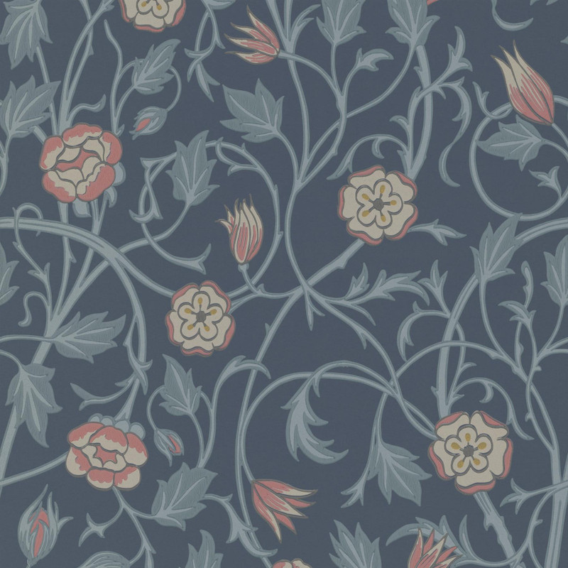 May’s Tulip wallpaper by Little Greene in Hicks’ Blue, showing flowing tulip flowers and foliage in soft blue-grey with coral accents on a deep blue background.