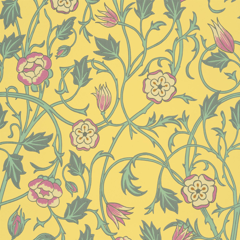 May’s Tulip wallpaper by Little Greene in the Indian Yellow colourway, showing flowing tulip flowers and foliage in soft green, blue and pink on a warm yellow background.
