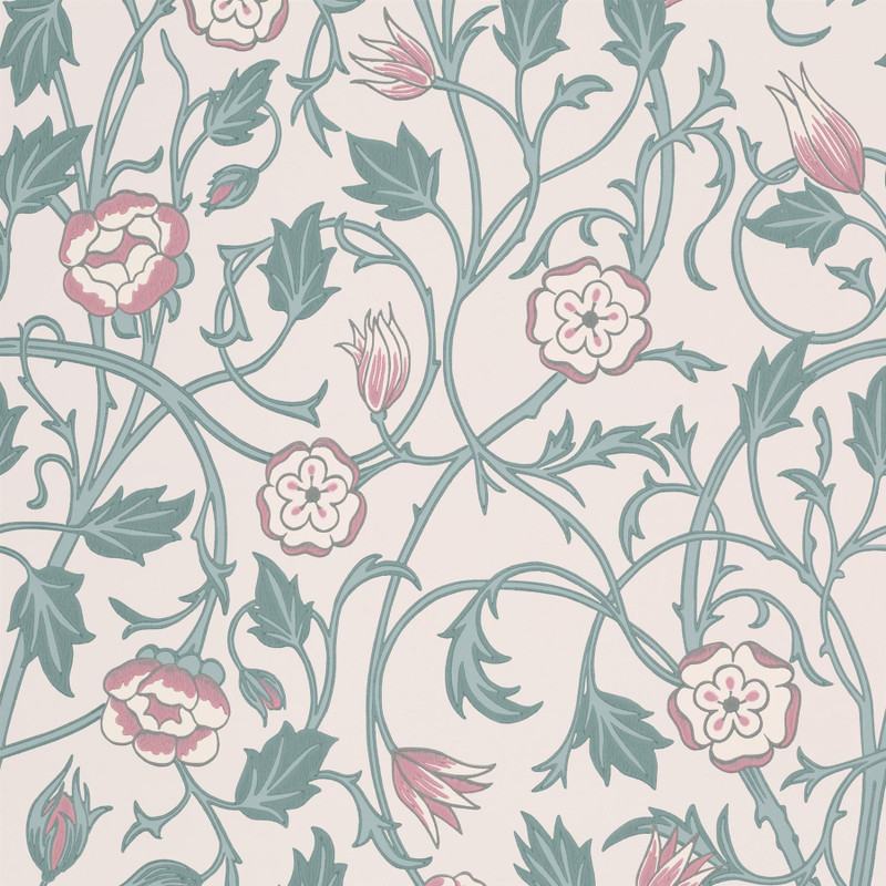 May’s Tulip wallpaper by Little Greene in the Joanna colourway, showing stylised tulip flowers and flowing foliage in soft green and pink on a pale blush background.