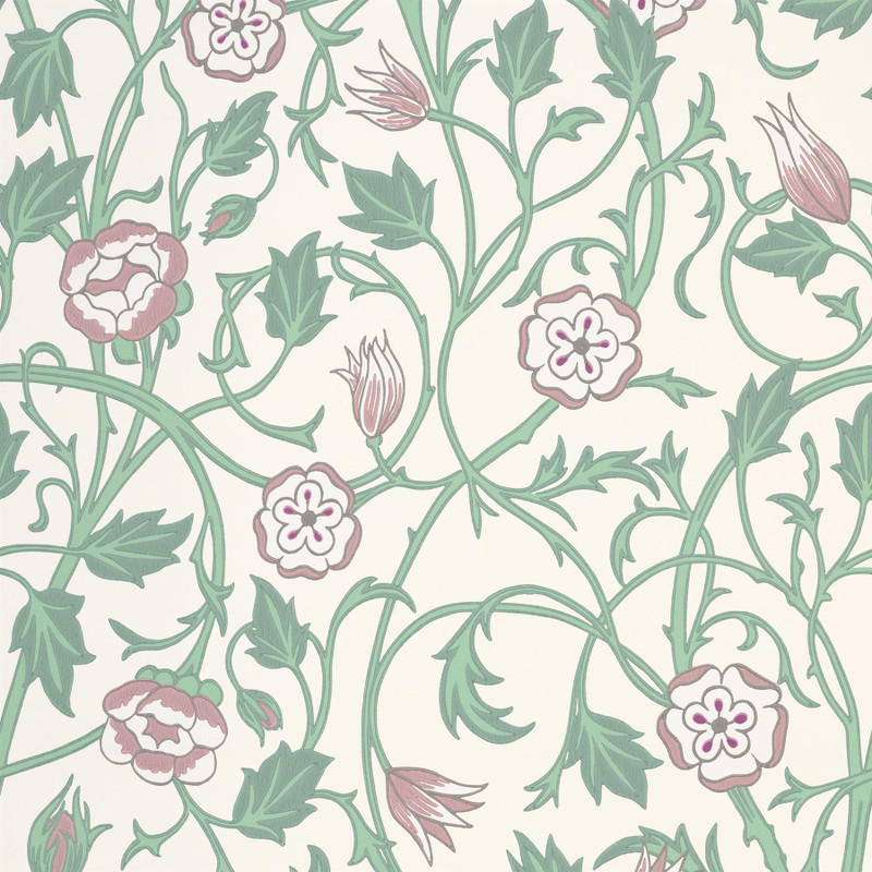 May’s Tulip wallpaper by Little Greene in Linen Wash, featuring trailing green stems and soft pink tulip flowers on a warm off-white background.
