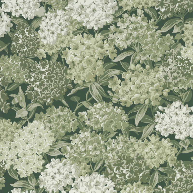Little Greene Rhododendron Walk wallpaper swatch in Puck with pale botanical florals layered over a muted green background