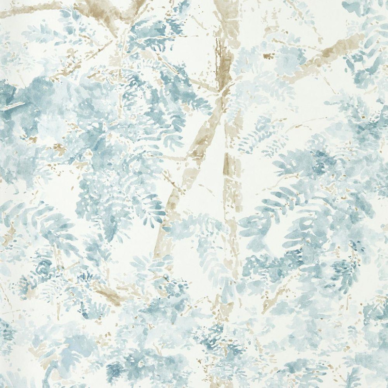 Harlequin Ceibe Wallpaper 113343 Azul featuring layered botanical foliage in soft blue and neutral tones.