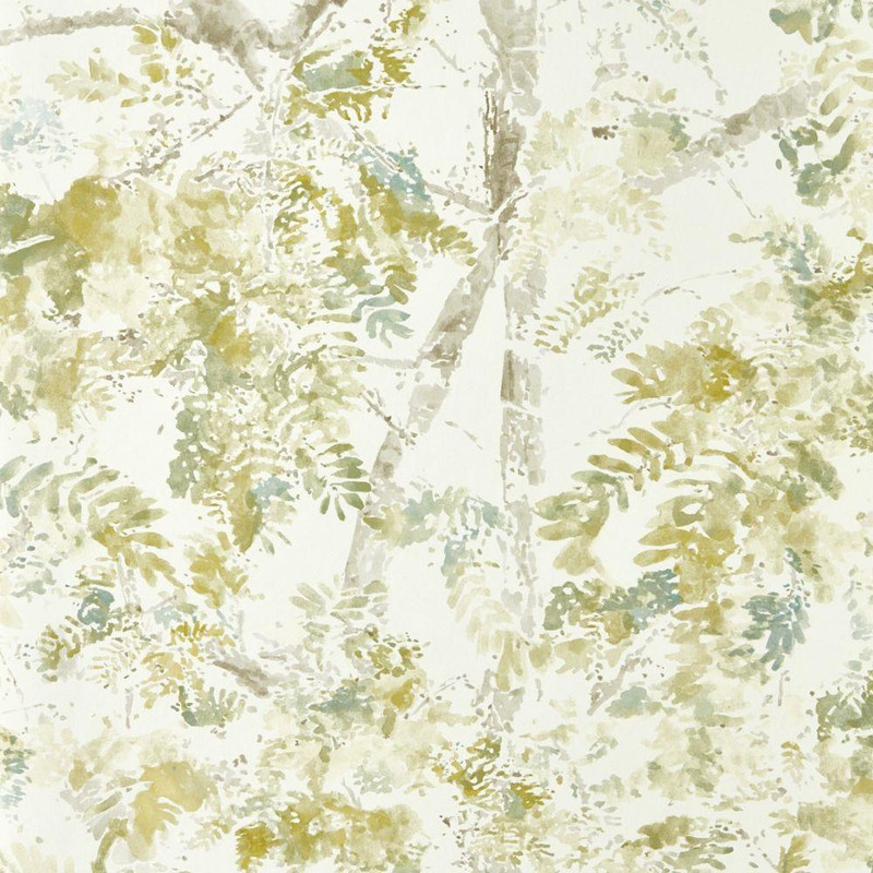 Harlequin Ceibe Wallpaper 113344 Nectar featuring layered botanical foliage in warm nectar and soft green tones.