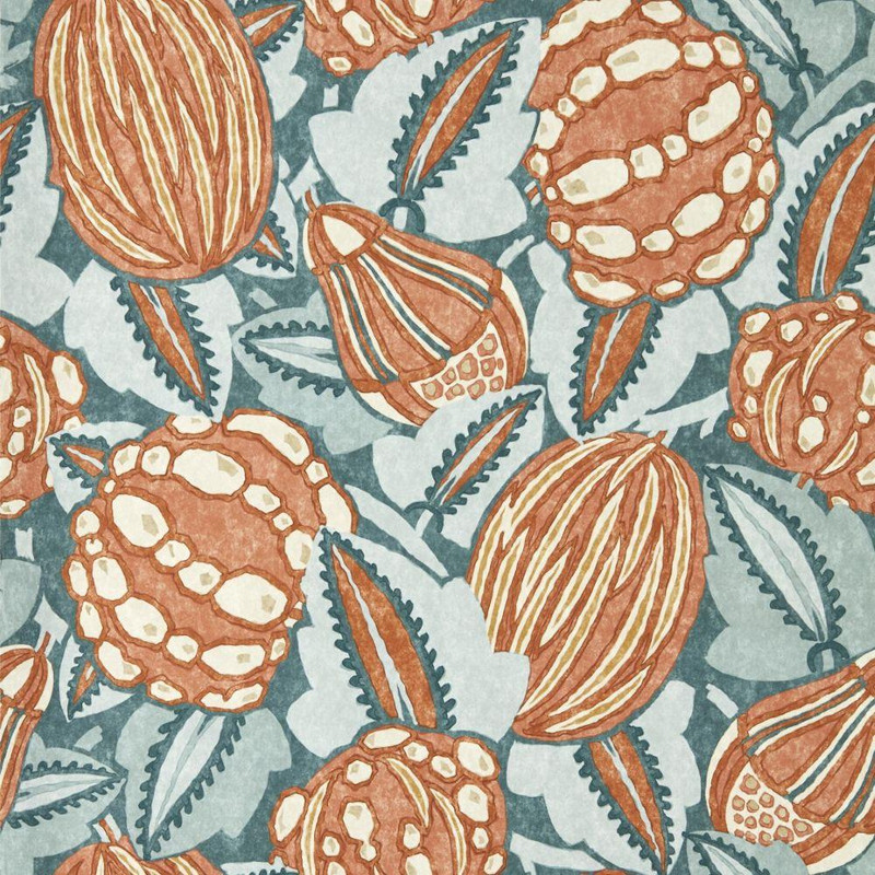 Harlequin Zenith Wallpaper 113360 Terracotta Azul featuring stylised seed pods in terracotta on an azul blue background with green foliage.
