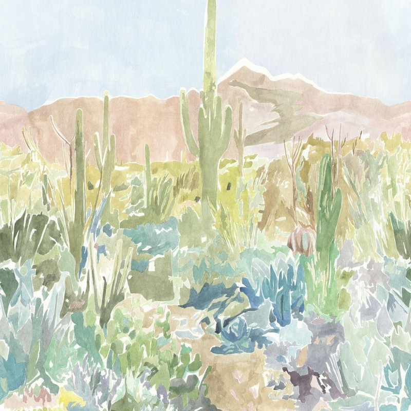 Harlequin Saltillo Wallpaper 113369 Grounded Succulent Haze featuring a painterly desert landscape with cacti in soft greens and warm earth tones.