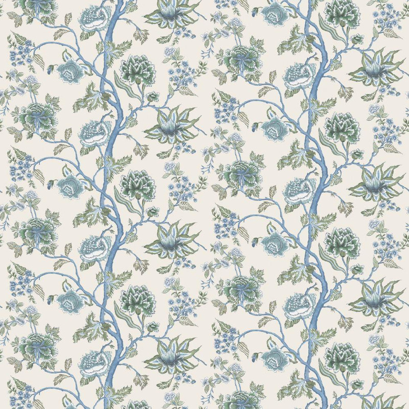 Harlequin Indienne Wallpaper 113374 Cornflower Pine featuring trailing floral vines in cornflower blue and pine green on a neutral background.
