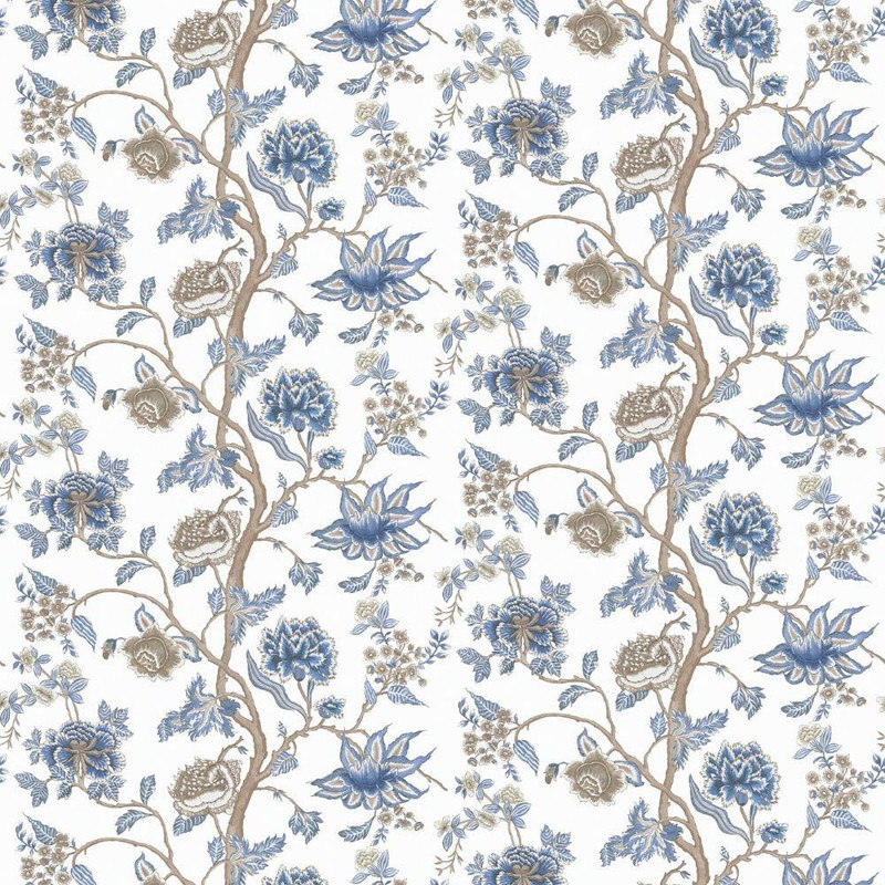 Harlequin Indienne Wallpaper 113375 Indigo Birch featuring trailing floral vines in indigo blue on a soft birch background.