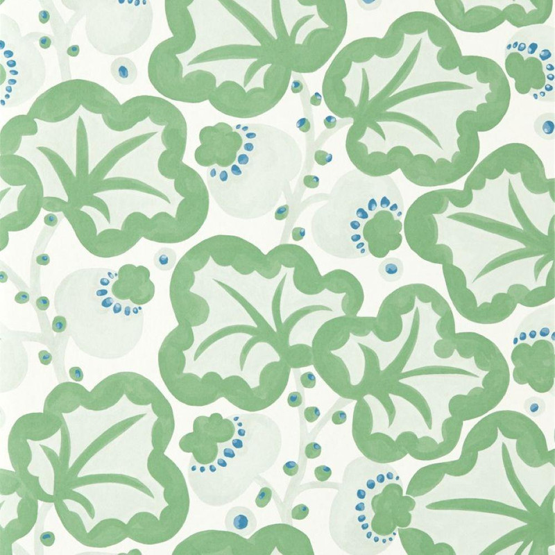Scion Poppy Pod Wallpaper 113380 Jade with large stylised green floral motif on a light background.