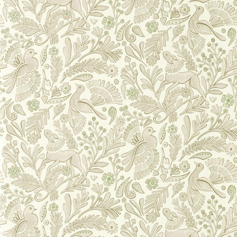 Scion Dove & Deer Wallpaper 113392 Pebble with stylised woodland animals and botanical pattern in neutral tones.