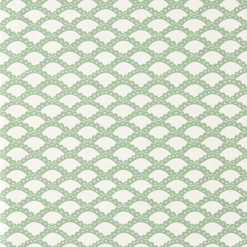 Scion Scallop Frill Wallpaper 113394 Jade with repeating scalloped wave pattern in green.