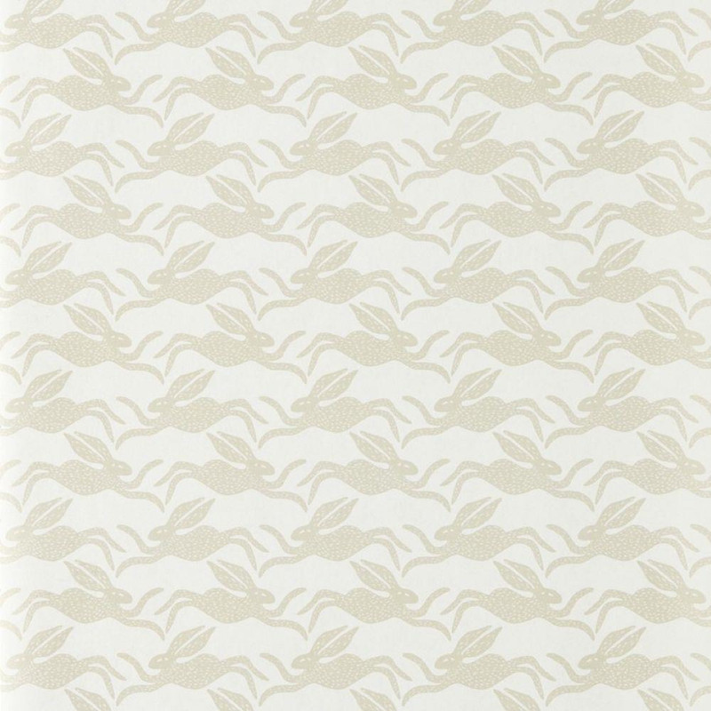 Scion Hares Wallpaper 113405 Pebble featuring repeating running hare motif in beige on a neutral background.