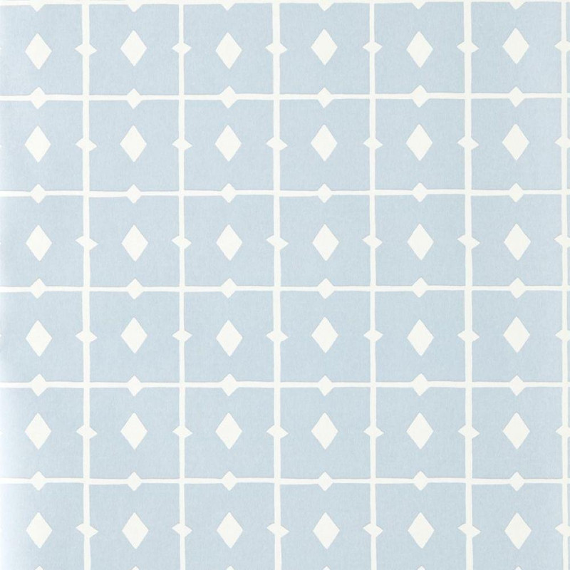 Scion Tiles Wallpaper 113422 Cornflower featuring blue grid pattern with white diamond motifs.