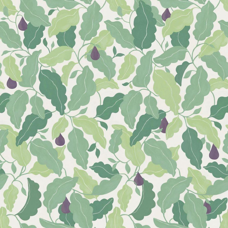 Scion Pomona Fig Wallpaper 113425 Fig Forest featuring layered green fig leaves with deep purple fruit.