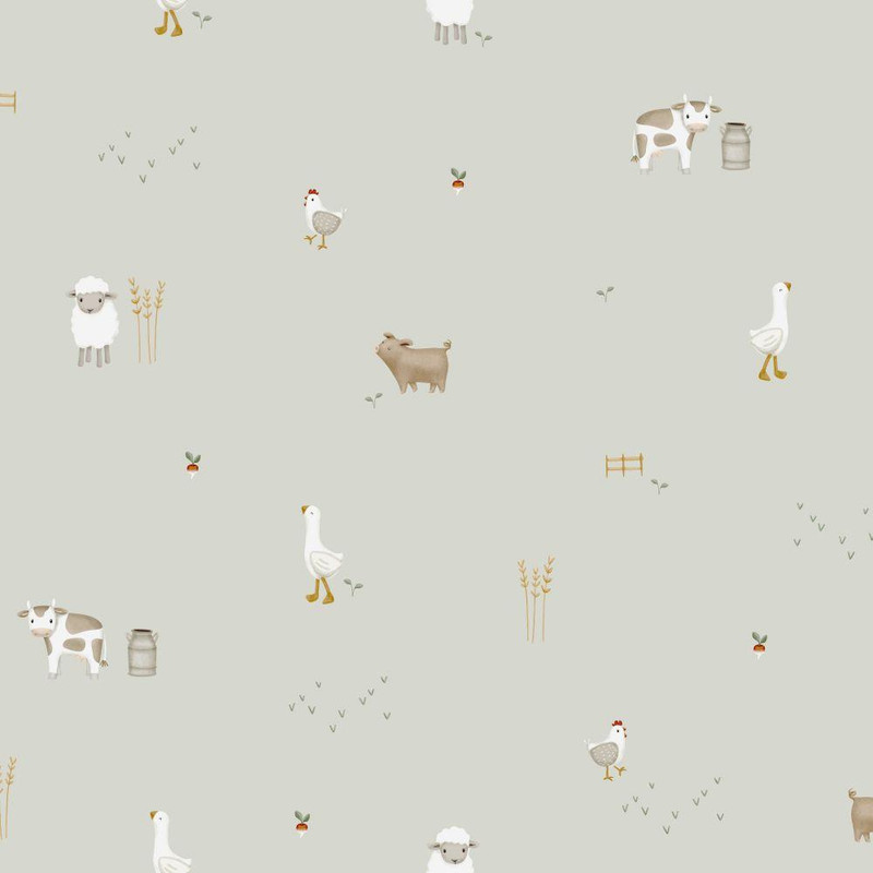 Little Farm is a delightful children’s wallpaper featuring sweet farmyard animals scattered across a soft, neutral background. Cows, sheep, chickens and geese are playfully spaced between tiny fences, wheat sheaves and grassy details, creating a gentle countryside scene.

The Multicolour palette combines warm browns, soft creams, muted greens and subtle mustard accents, giving the design warmth while keeping it calm and understated. The small-scale repeat makes it ideal for covering all four walls without overwhelming the space, making it perfect for nurseries and toddlers’ rooms.

Little Farm pairs beautifully with natural wood furniture, sage green textiles and woven baskets to create a cosy, farmhouse-inspired nursery that feels both playful and timeless.