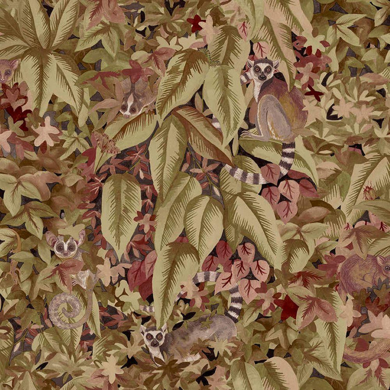 Holden Decor Lemur Leaves Wallpaper 14310 Berry showing tropical jungle foliage with hidden ring-tailed lemurs and botanical leaves