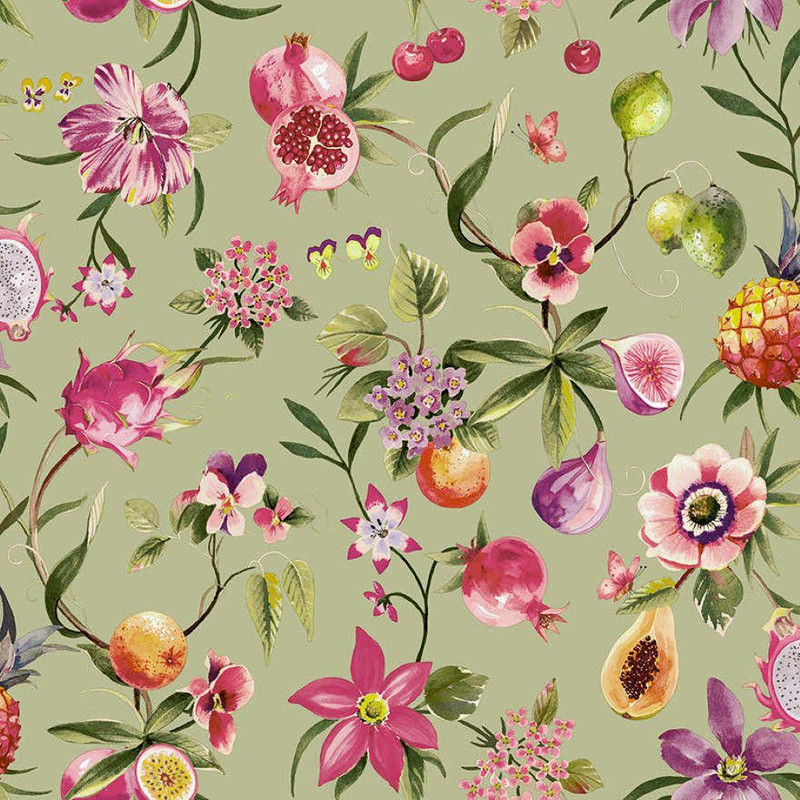 Holden Decor Floral Fruit wallpaper sage tropical floral fruit pattern with pink flowers and exotic fruits