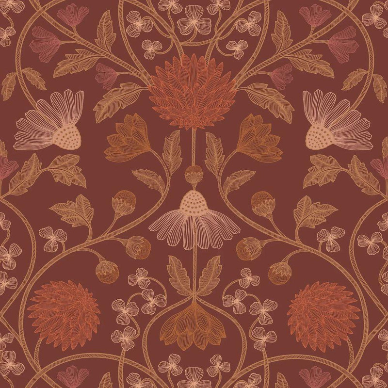 Casamance Hippolyte Wallpaper Bordeaux Cuivre red copper intricate floral pattern classic ornate metallic detail textured design