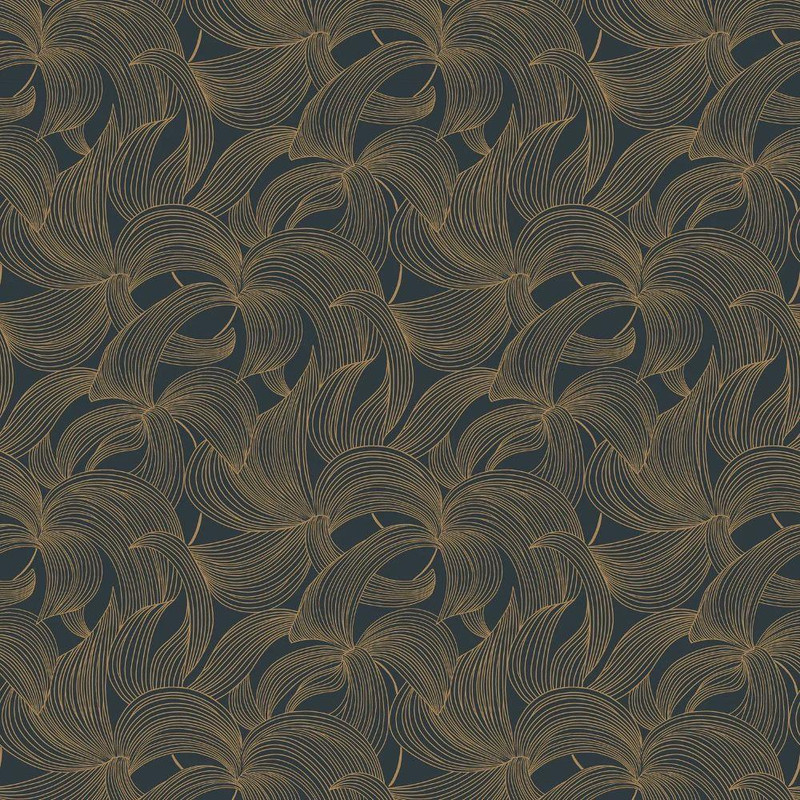 Casamance Leontine Wallpaper Encre Dore dark blue gold flowing floral pattern metallic detail textured design