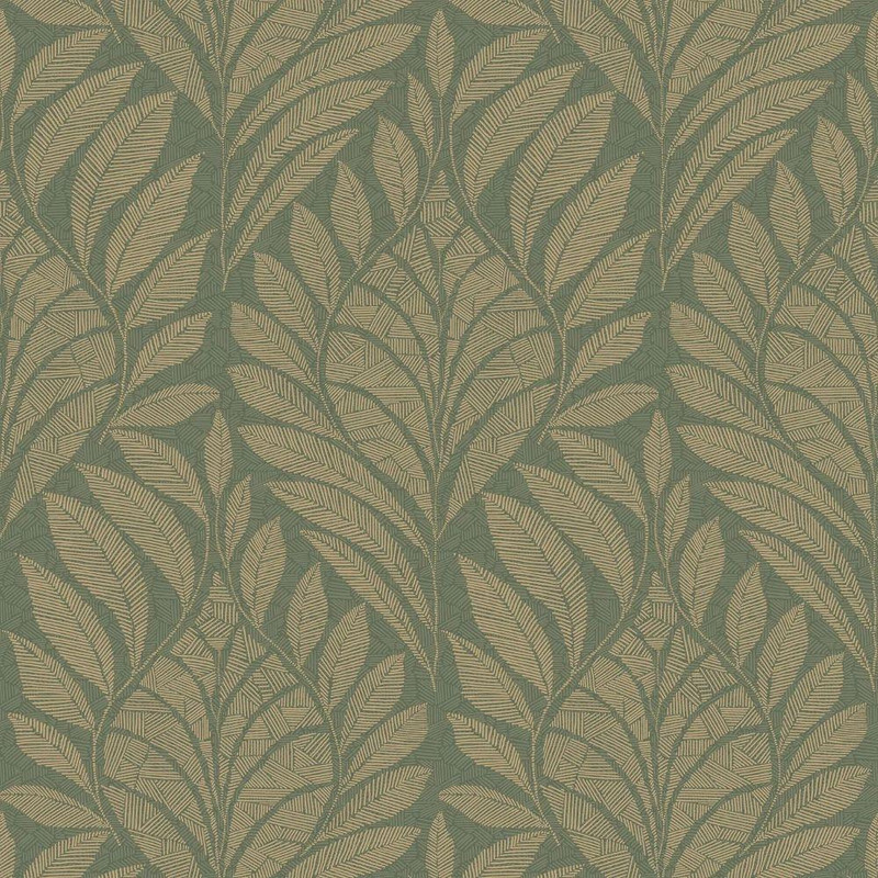 Casamance Gustav Wallpaper Vert De Gris Dore green gold leaf pattern textured design