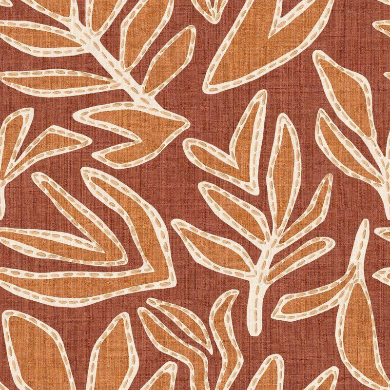 Casamance Lanzea Wallpaper Terracotta Safran orange leaf pattern stitched effect natural texture design