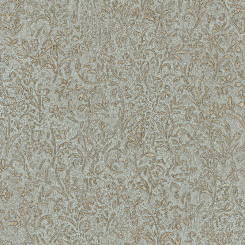 blue floral wallpaper with gold shimmer detailing and intricate botanical pattern