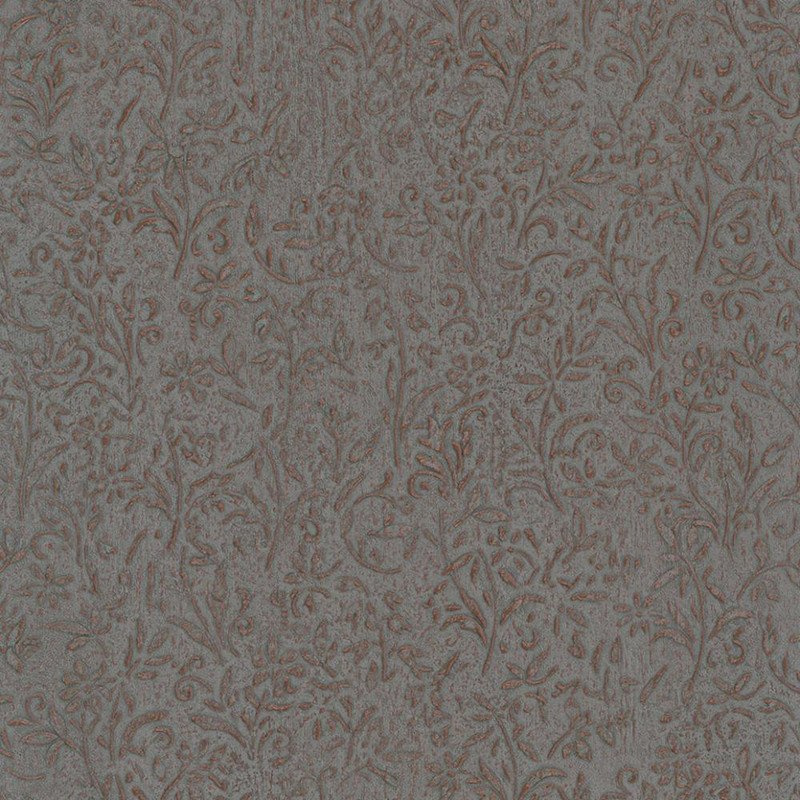grey floral wallpaper with copper shimmer detailing and intricate botanical pattern