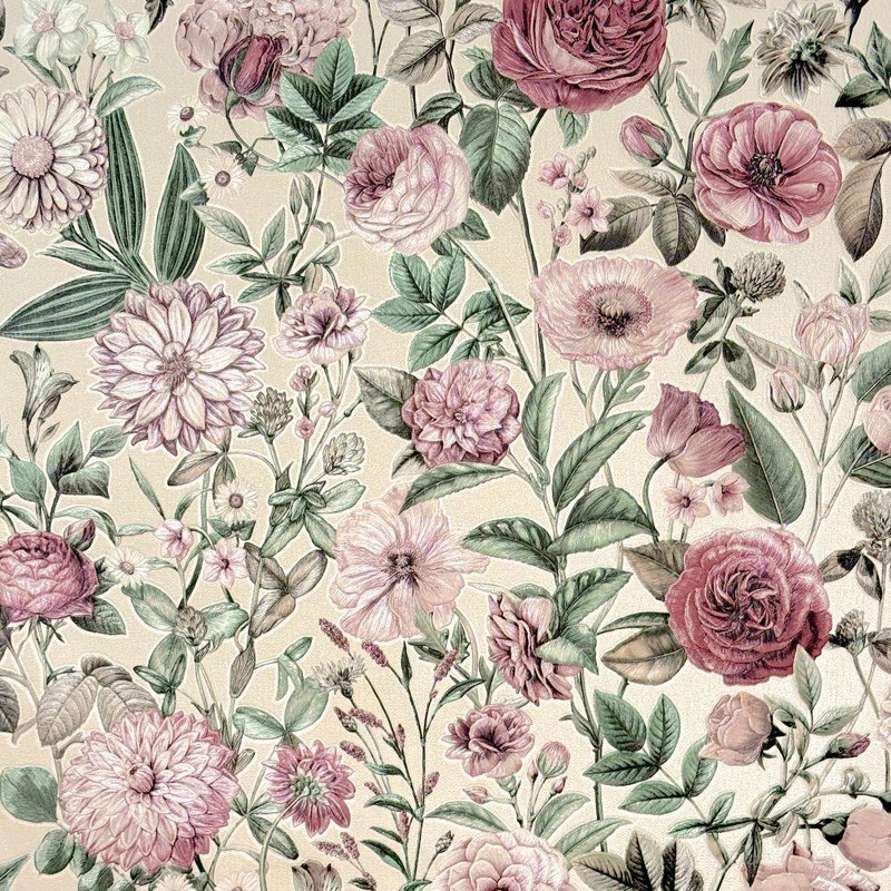 pink floral wallpaper with large blooming flowers and detailed botanical pattern