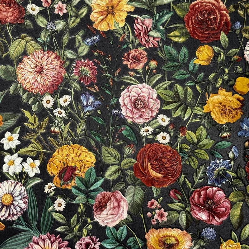 dark floral wallpaper with multicoloured flowers and dense botanical pattern on black background