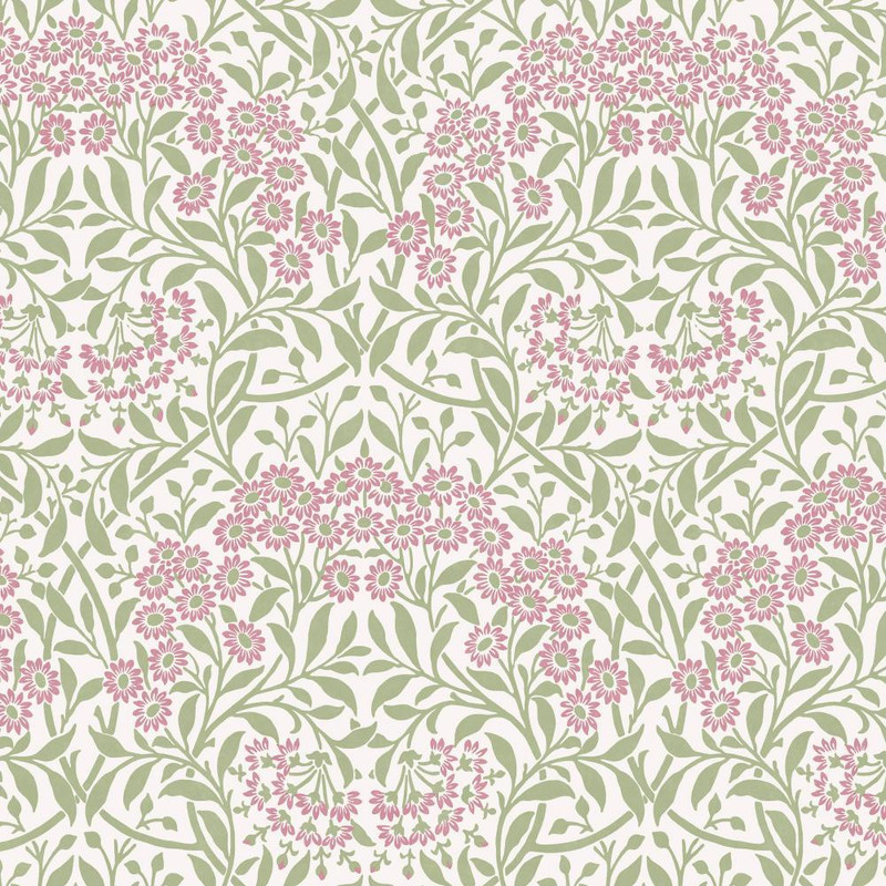 light floral wallpaper with michaelmas daisy pattern in pink and green tones