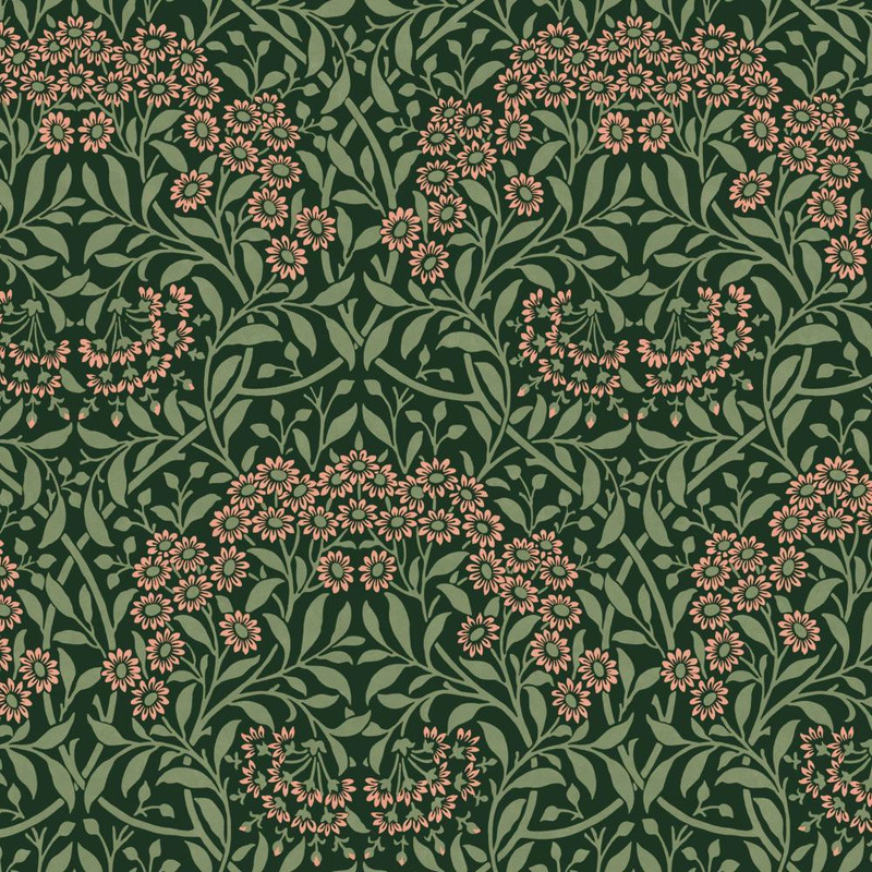 forest green floral wallpaper with michaelmas daisy pattern in red and green tones
