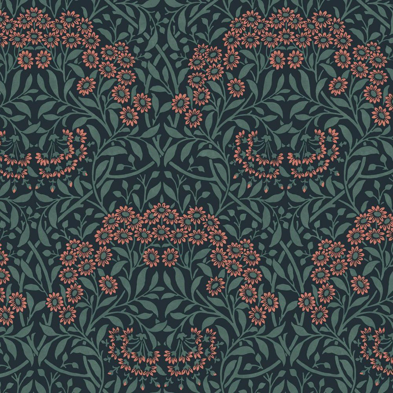 midnight floral wallpaper with michaelmas daisy pattern in red and green tones