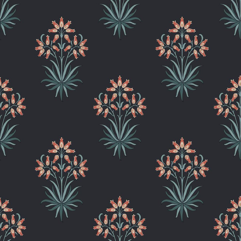 midnight blue wallpaper with repeating hyacinth flower motif in pink and green tones