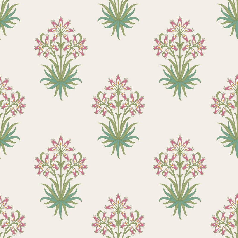 neutral wallpaper with repeating hyacinth flower motif in pink and cedar green tones