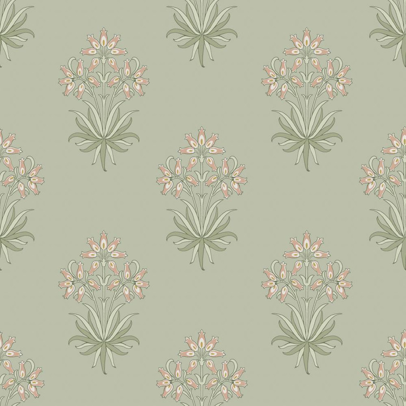 sage green wallpaper with repeating hyacinth flower motif in peony pink and soft neutral tones