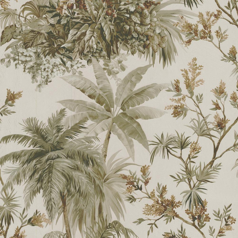 sage and gold tropical wallpaper with palm trees and detailed botanical foliage