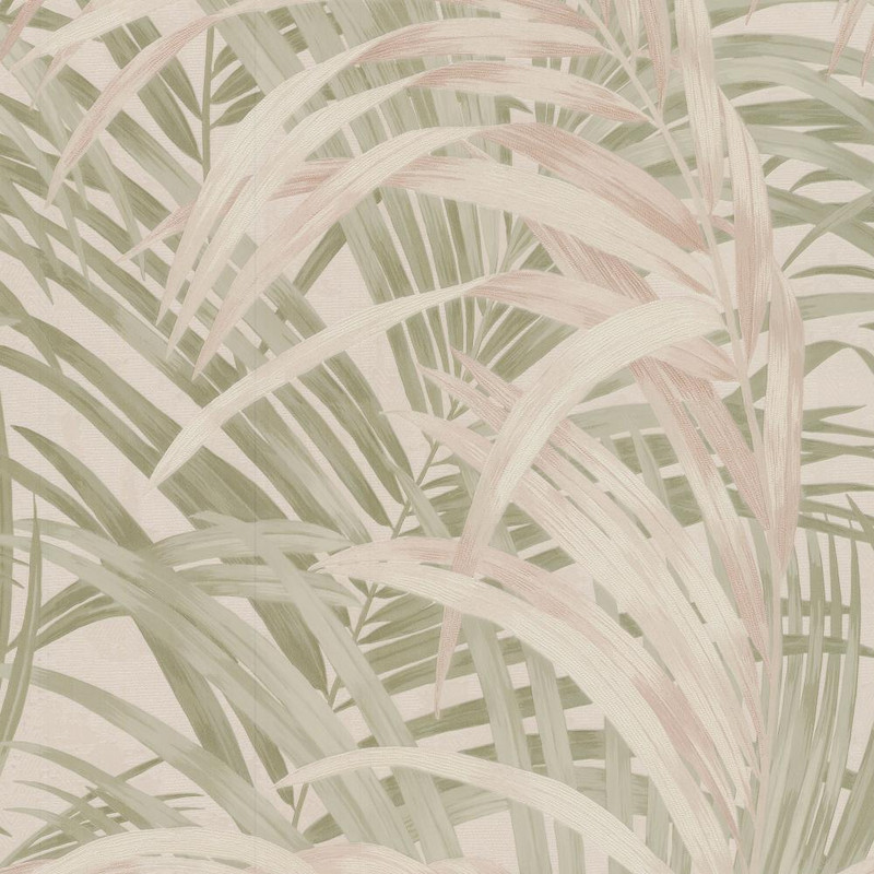 sage and rose palm leaf wallpaper with large scale tropical foliage pattern