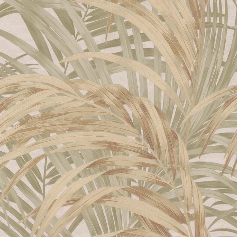 sage and gold palm leaf wallpaper with large scale tropical foliage pattern