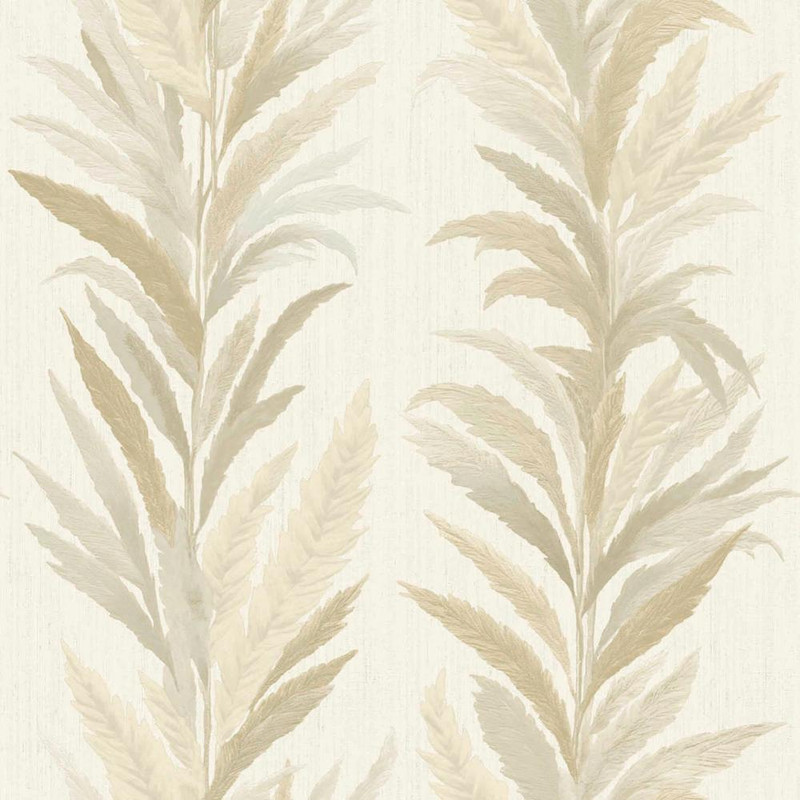 beige and gold leaf wallpaper with vertical botanical pattern and subtle shimmer finish
