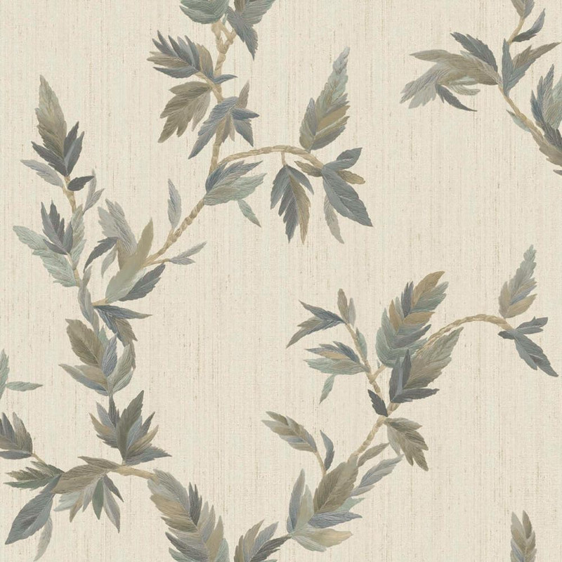 beige and green leaf wallpaper with delicate trailing foliage and subtle shimmer finish