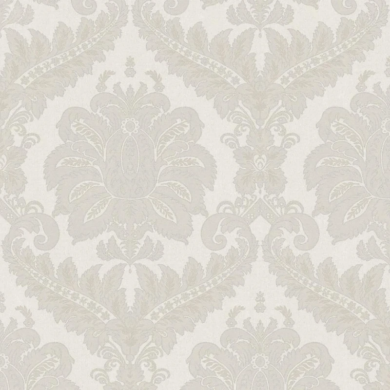 grey damask wallpaper with traditional ornate pattern and soft tonal detailing