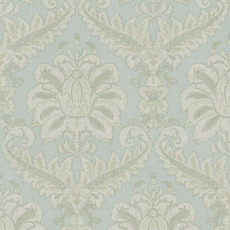 blue and cream damask wallpaper with traditional ornate pattern and soft tonal contrast