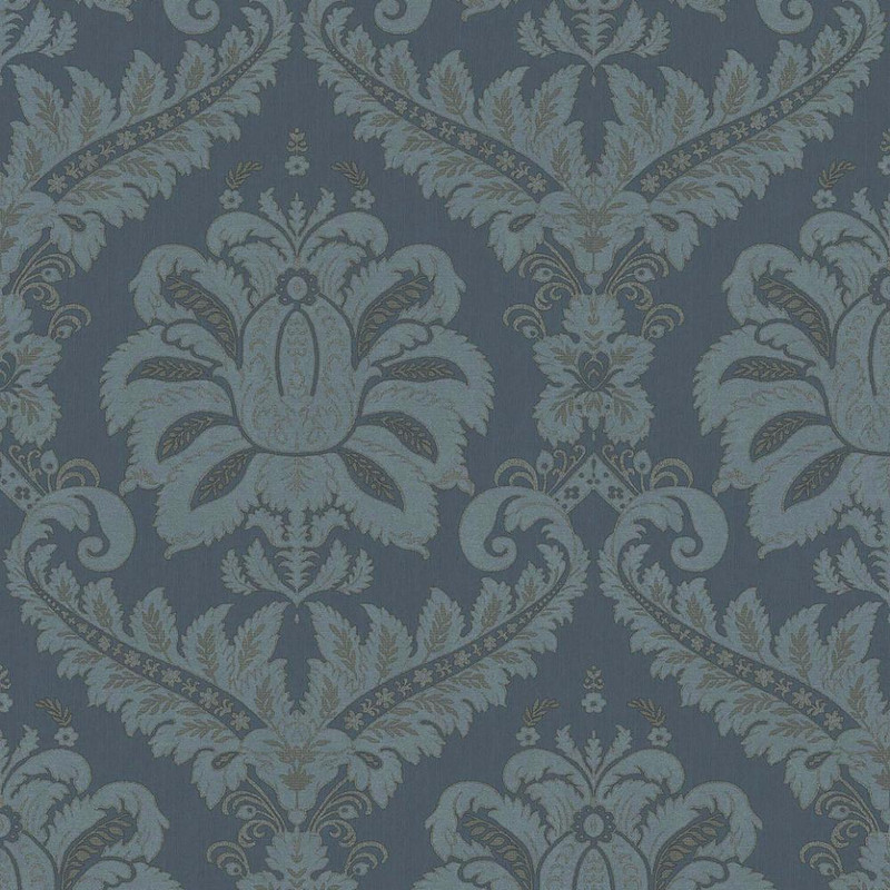 blue and gold damask wallpaper with traditional ornate pattern and subtle shimmer finish