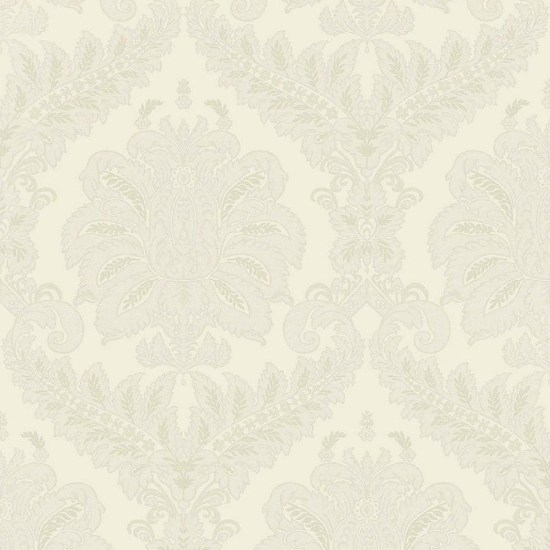 cream damask wallpaper with traditional ornate pattern in soft tonal neutral shades