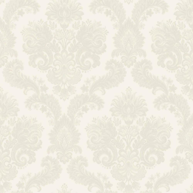 cream damask wallpaper with ornate floral pattern in soft tonal neutral shades