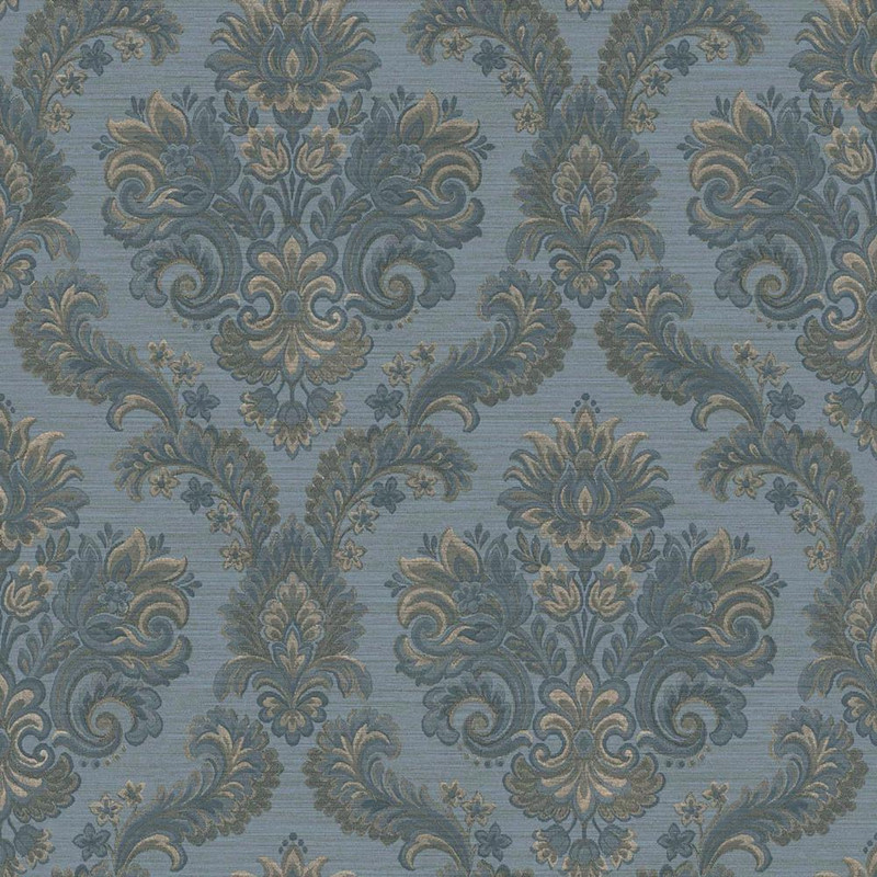 blue and beige damask wallpaper with ornate floral pattern and detailed design